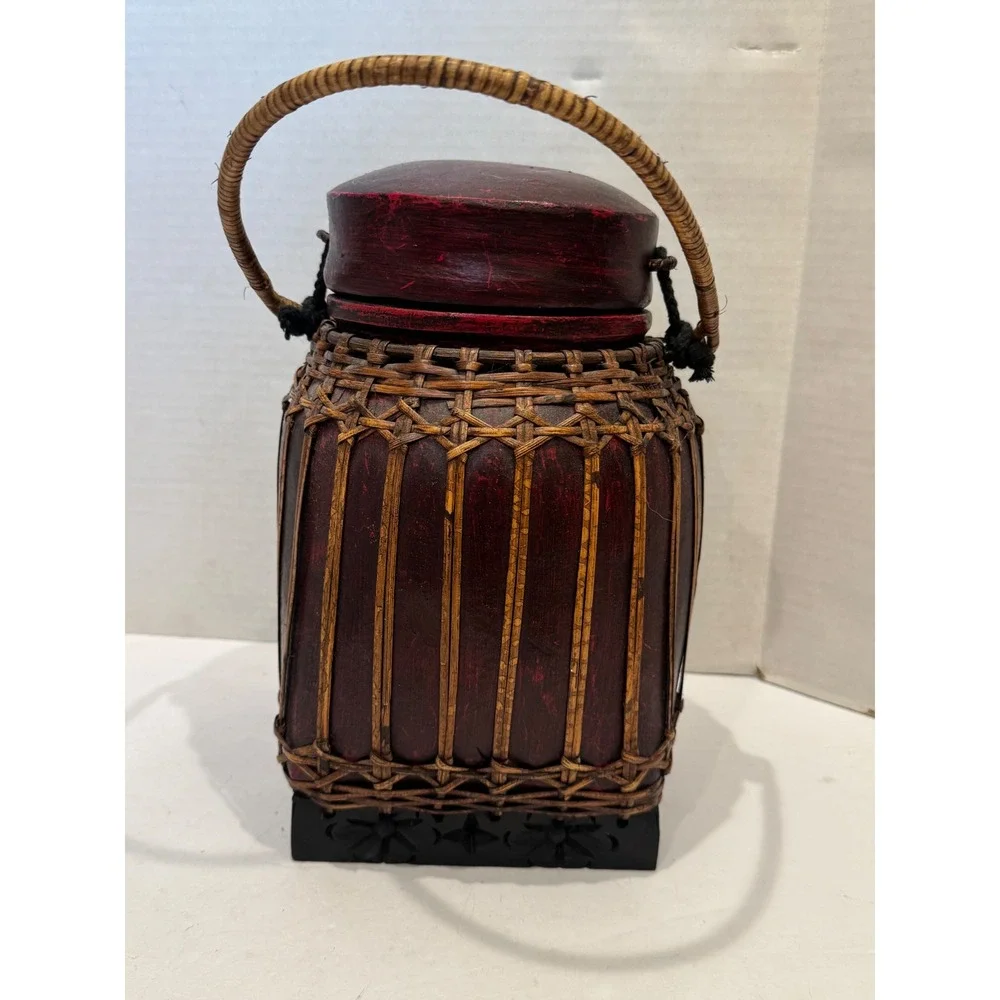 Thai Rice Basket Decorative Woven Bamboo Wood Red Black Bohemian Handcrafted